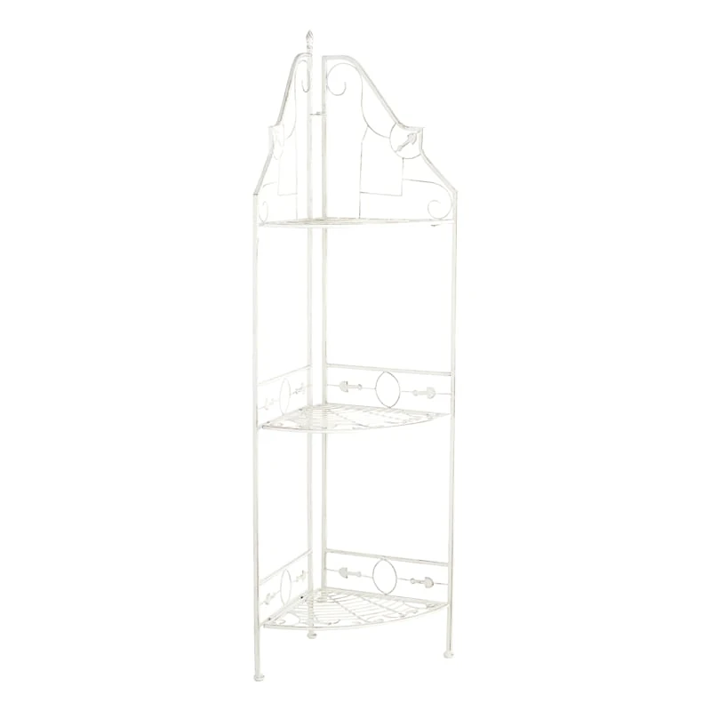Antique White Scrolled Metal Folding Corner Shelf Rack, 51.5" 3 Antique White Scrolled Metal Folding Corner Shelf Rack, 51.5"