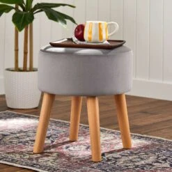 Emmy Grey Velvet Round Wood Leg Ottoman 11 Emmy Grey Velvet Round Wood Leg Ottoman -Chic Furniture Store emmy grey velvet round wood leg ottoman 4