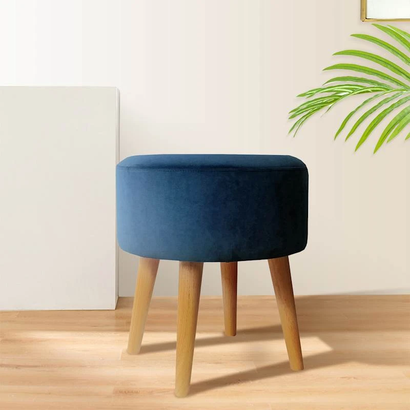 Emmy Navy Blue Velvet Round Wood Leg Ottoman 7 Emmy Navy Blue Velvet Round Wood Leg Ottoman - Image 5