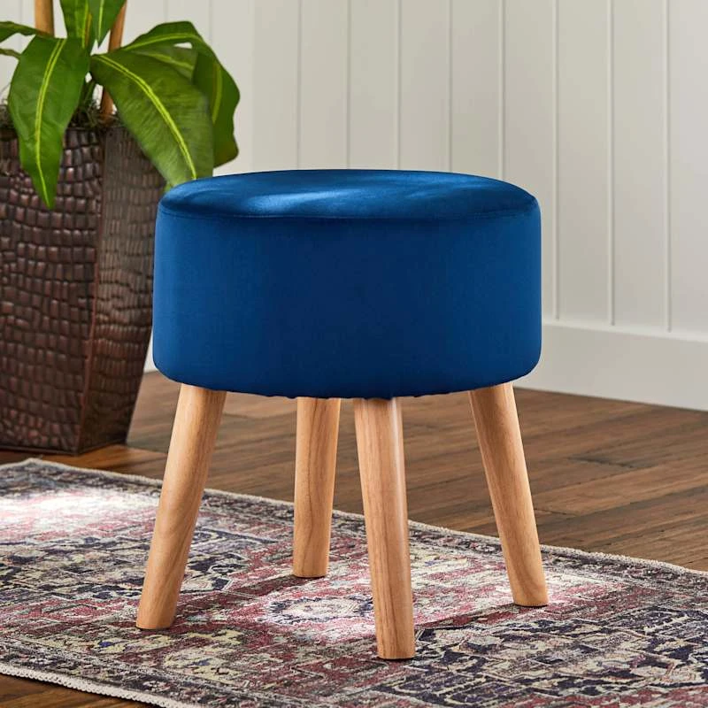 Emmy Navy Blue Velvet Round Wood Leg Ottoman 8 Emmy Navy Blue Velvet Round Wood Leg Ottoman - Image 6