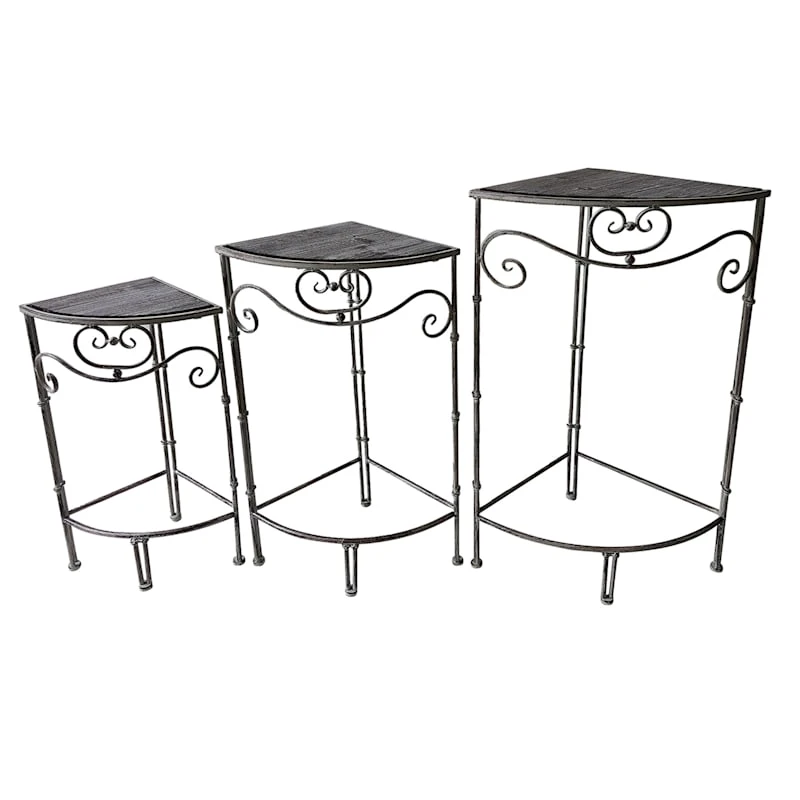 Fan Shaped Wood Top Plant Stand With Rustic Double Tube Metal Leg, Small 3 Fan Shaped Wood Top Plant Stand With Rustic Double Tube Metal Leg, Small