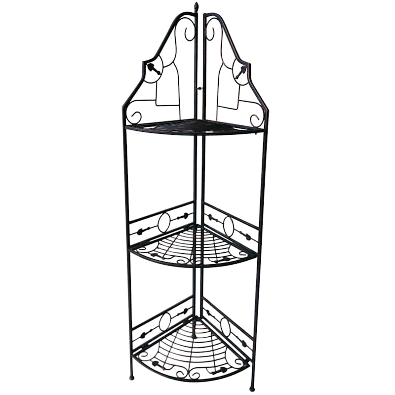 Gold & Black Scrolled Metal Folding Corner Shelf Rack, 51.5" 3 Gold & Black Scrolled Metal Folding Corner Shelf Rack, 51.5"