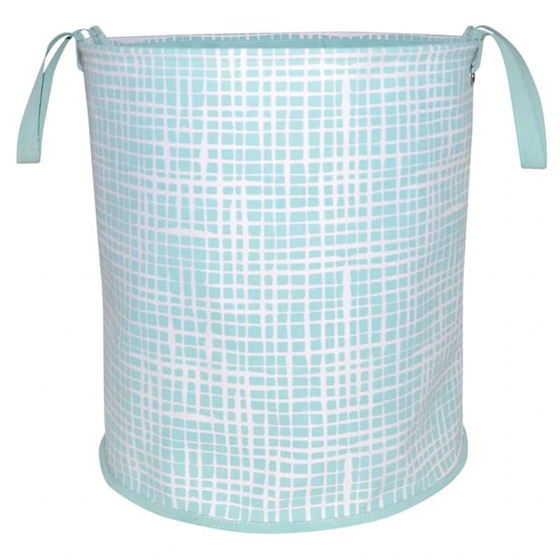 Grid Print Round Canvas Laundry Hamper, Teal 3 Grid Print Round Canvas Laundry Hamper, Teal