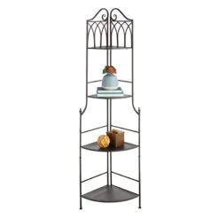 Metal Corner Rack With Brown Decorative Arch & Folding Wood-Top Shelves, 63" -Chic Furniture Store metal corner rack with brown decorative arch folding wood top shelves 63 5