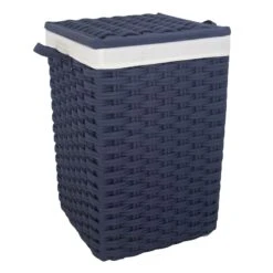 Navy Blue Square Laundry Floor Standing Hamper With Ivory Liner, Extra Large