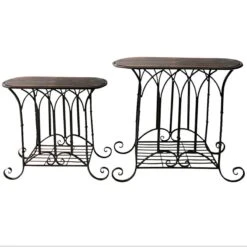 Oval Wood Top Gothic Table With Brown Arch Decorative Metal, Small