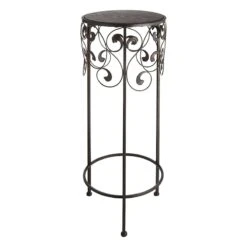 Round Wood Top With Scroll Metal Plant Stand, Large