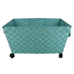 Woven Band Laundry Basket With Wheels, Turquoise