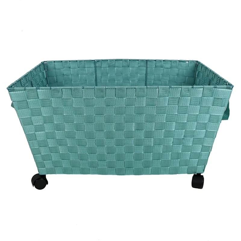 Woven Band Laundry Basket With Wheels, Turquoise 3 Woven Band Laundry Basket With Wheels, Turquoise