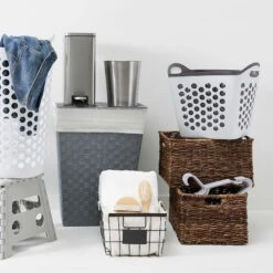 Woven Band Laundry Hamper With Lid & Removable Liner, Dark Grey -Chic Furniture Store woven band laundry hamper with lid removable liner dark grey 2